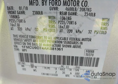 2010 Ford Escape Xlt from USA, damaged, VIN 1FMCU9D74AKB81361